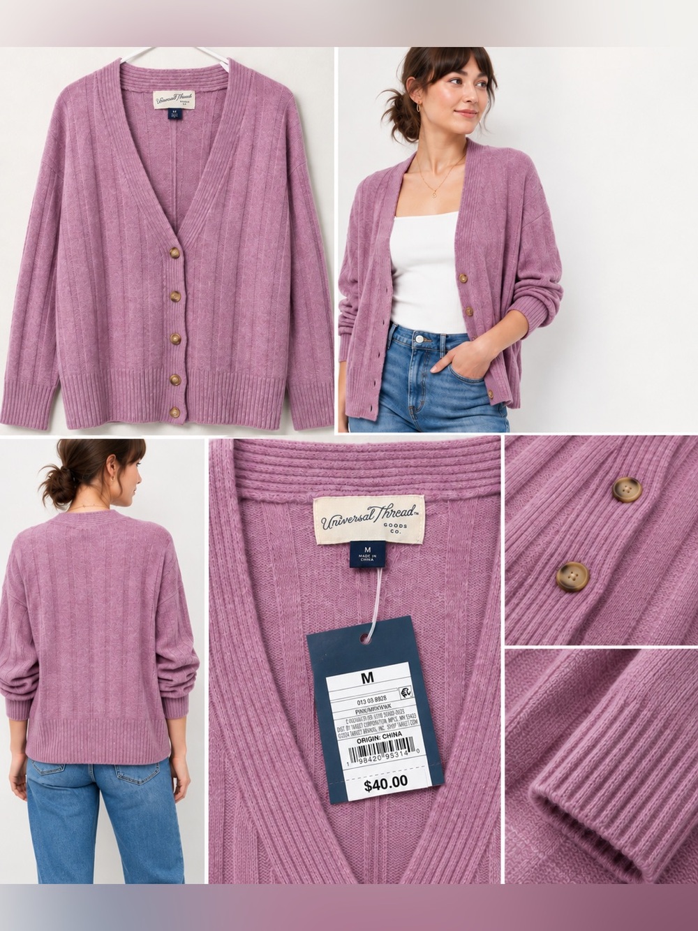 Universal Thread Ribbed Button Front V-Neck Cardigan Pink Medium